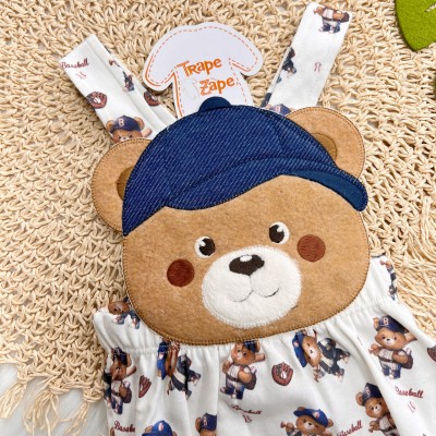 Banho de Sol Bordado - Ursinho Baseball - Azul Jeans